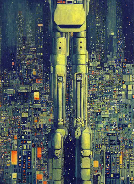 Prompt: a painting of a giant robot standing in front of a city, cyberpunk art by beeple art by gustav klimt, behance contest winner, nuclear art, dystopian art, apocalypse art, sci - fi