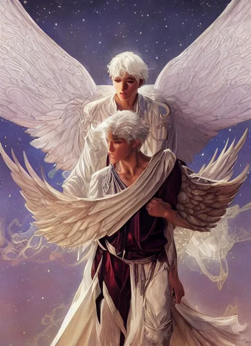 Image similar to harmony of white haired angel yoongi wearing greek clothes, muted colors, sparkles everywhere, big wings, dynamic hair movement, dynamic pose, holographic space, glowing effect, j. c leyendecker, by alan lee, wlop! illustrated by starember, fantasy art by craig mullins