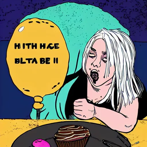 Image similar to Obese Billie Eilish eating cake in the style of Sandman comic