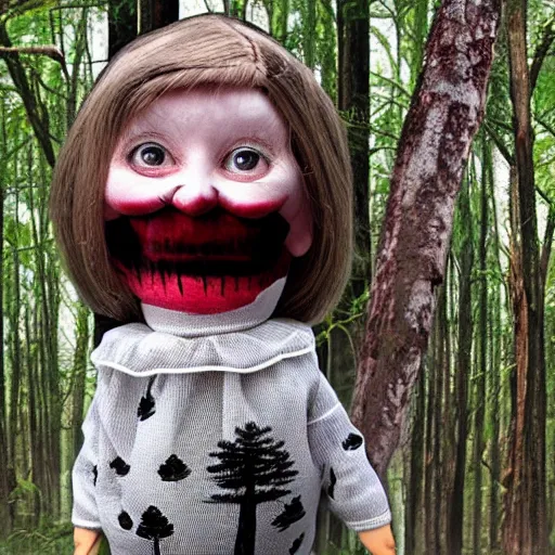 Prompt: a large realistic doll that looks like an old woman with nutcracker mouth in a dark forest, red laser eyes cut down trees, horror