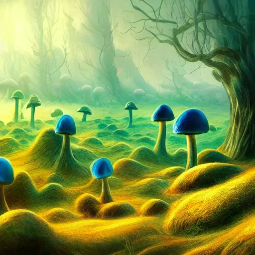 Prompt: surreal mushroom realm, multidimensional, fantasy, trending on artstation, beautiful, landscape, weird, valley, field