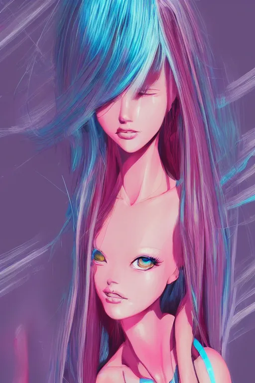 Image similar to concept art painting of a demonic barbie, artgerm, moebius, inio asano, toon shading, cel shading, calm, tranquil, vaporwave colors,