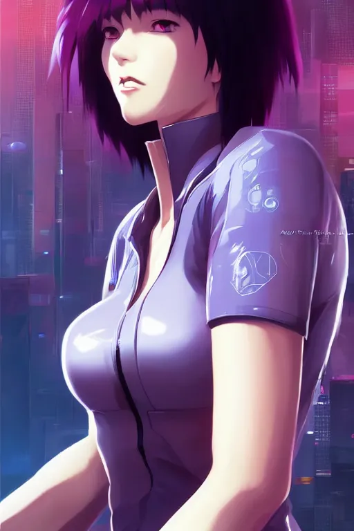 Image similar to a still fullbody portrait of motoko kusanagi ghost in the shell, finely detailed features, closeup at the faces, perfect art, at a cyberpunk city, gapmoe yandere grimdark, trending on pixiv fanbox, by ilya kuvshinov, rossdraws, artgerm