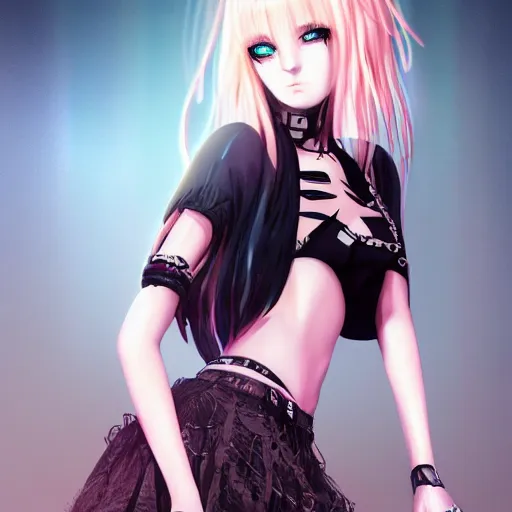 Prompt: goth anime girl in mini skirt and crop top intricate, extremely detailed, digital painting, artstation, concept art, smooth, sharp focus, illustration, sensual lighting, incredible art, highly detailed face and body