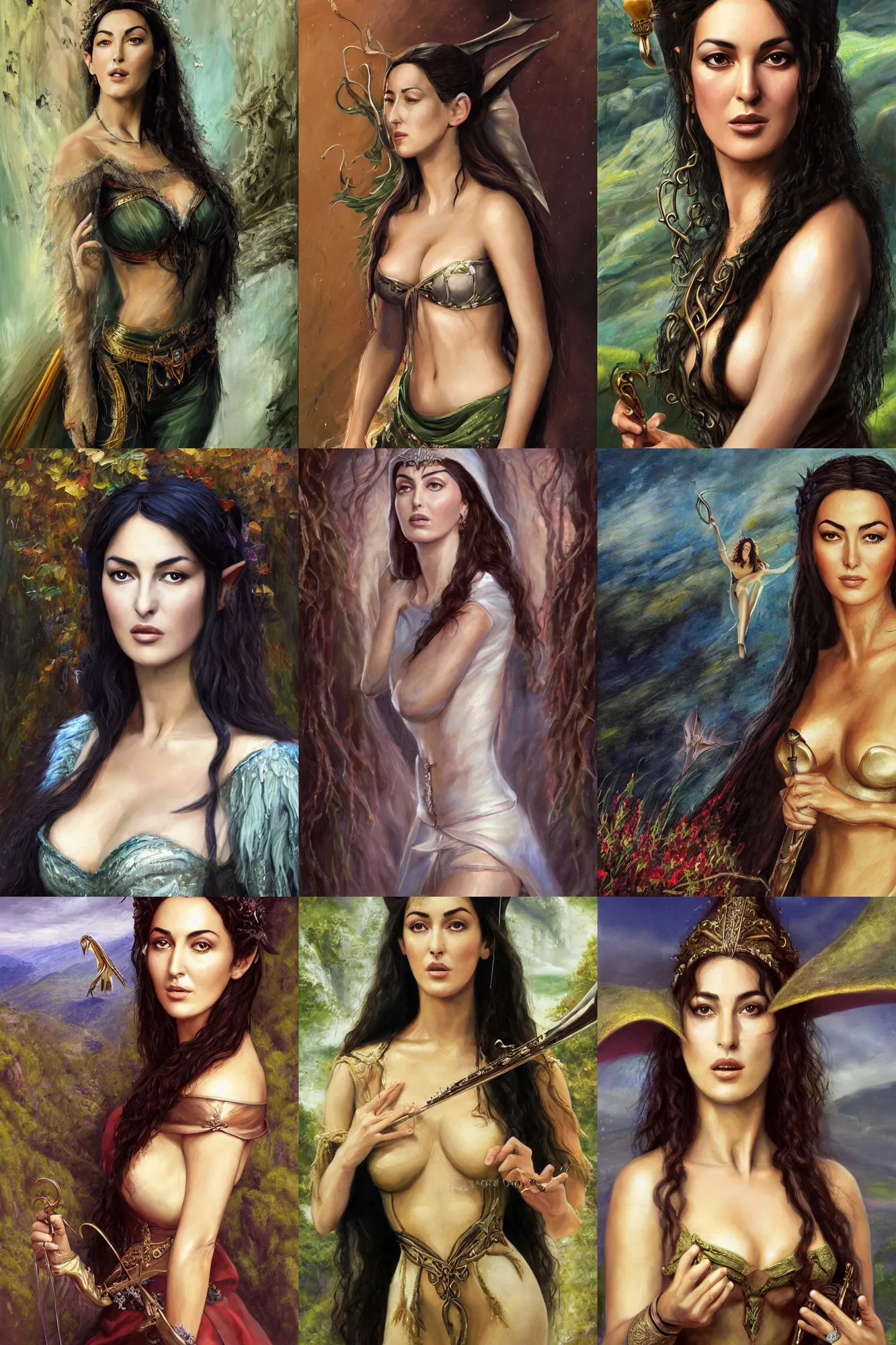 Image similar to a full body high detail fantasy portrait oil painting illustration of young monica bellucci as a beautiful sophisticated singing bard elf by justin sweet with face and body clearly visible, in a scenic background, pupils visible, realistic proportions, d & d, rpg, forgotten realms, artstation trending, high quality, sombre mood, artstation trending, muted colours, entire person visible!