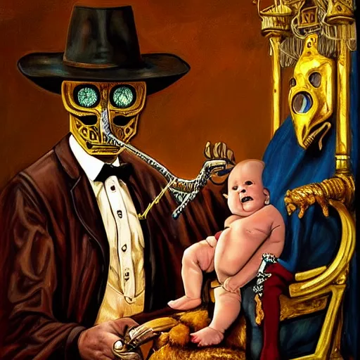 Prompt: hyper realistic painting of a handsome man symmetrical, sitting in a gilded throne, tubes coming out of the man's arm, getting a blood transfusion from a baby. plague doctor in the background created by mike allred