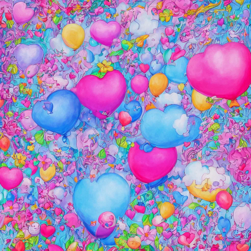 Image similar to ultra detailed painting that is beautiful and whimsical with cotton candy clouds and balloon hearts and flowers inside