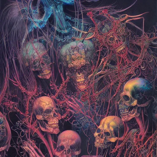 Prompt: realistic detailed image of Glowing Neon Skeletons having a jamboree by Ayami Kojima, Amano, Karol Bak, Greg Hildebrandt, and Mark Brooks, Neo-Gothic, gothic, rich deep colors. Beksinski painting, part by Adrian Ghenie and Gerhard Richter. art by Takato Yamamoto. masterpiece