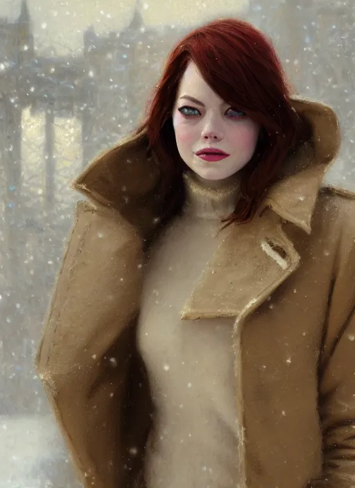 Prompt: emma stone in beige coat, close up face, winter new york, snow, artwork by gaston bussiere, craig mullins, trending on artstation