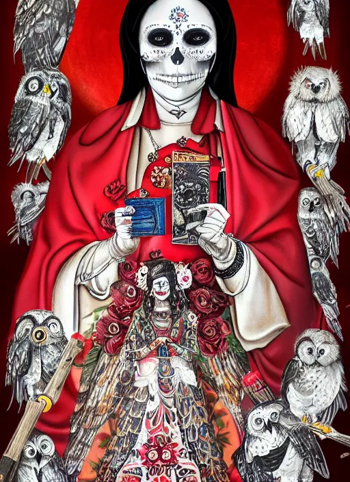 Image similar to masterpiece of Santa muerte with a book in her hand, her owl on her shoulder, and all around there are red and white flowers, guns and ammunitions offered by devotees + no crop, digital visionary art, extremely high detail, post processed,