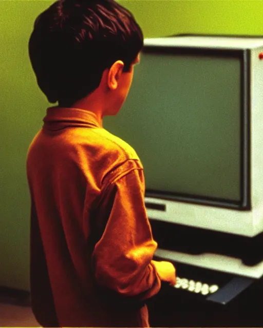 Image similar to 8k professional photo of an 8 years old enlightened and scared boy standing in front of an old computer from 90s with a game doom2 at the monitor screen. painting by Adrian Ghenie and Willem de Kooning and Cy Twombly, still from a movie by Gaspar Noe and James Cameron