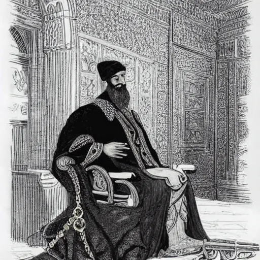 Image similar to A man with a beard, sitting on a throne, dressed in the clothes of a sultan. one leg is placed on the other, the hand is scratching his beard and thoughtfully looks at the thrown cubes on the table. Fantasy style