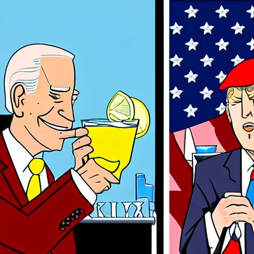 Image similar to cartoon drawing of Biden and Trump together drinking a lemon drink with Rio de Janeiro mountains on the background