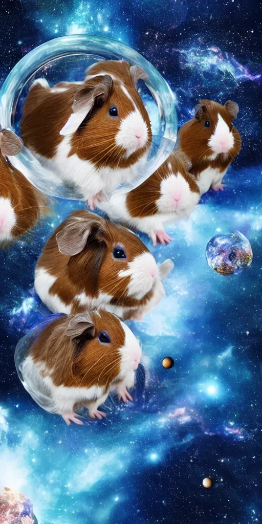 Image similar to ultra realistic guineapigs's portrait floating in space suits floating in space on the cover of vogue magazine, 4 k, 8 k, nebula, universe, many stars, space station