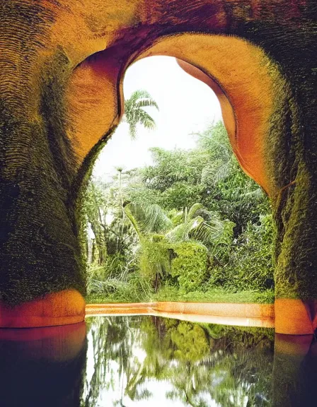 Prompt: photography of liquid gold sculpture in the jungle, great arches and ornaments, massive in its scale, architectural photography by iwan baan