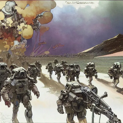Image similar to USN mechs patrol Australian neutral zone with infantry accompaniment. 2087. Concept art by James Gurney and Alphonso Mucha