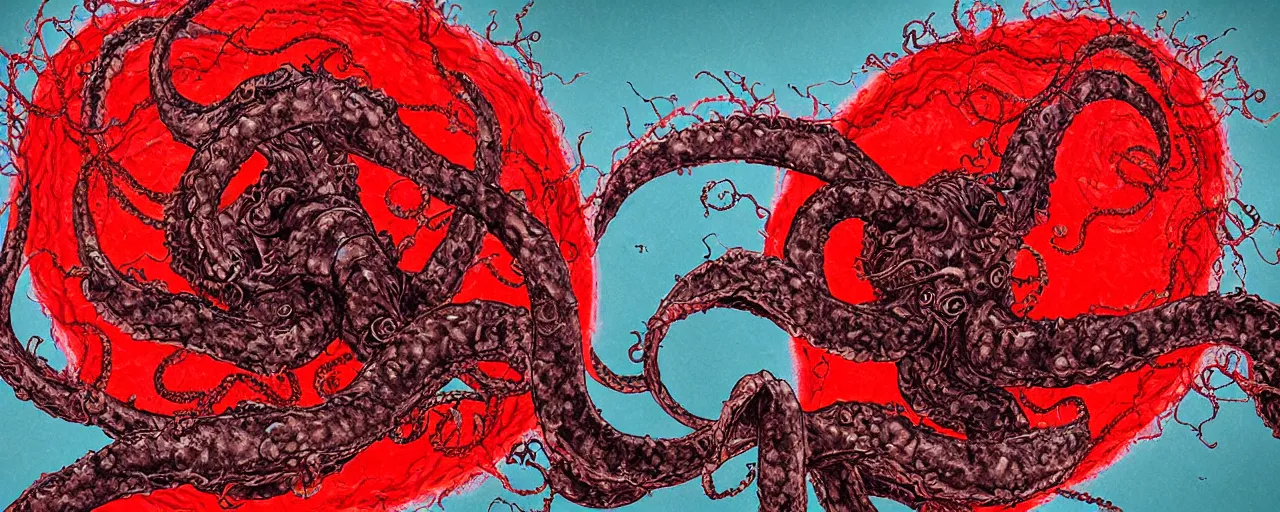 Prompt: mixed media art of a giant elder kraken covered in red lightning in the middle of a giant whirlpool