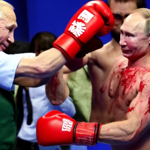 Image similar to Putin knocks out Joe Biden with heavy red boxing gloves in a green jungle. reporters take flash photographs of the blood soaked canvas