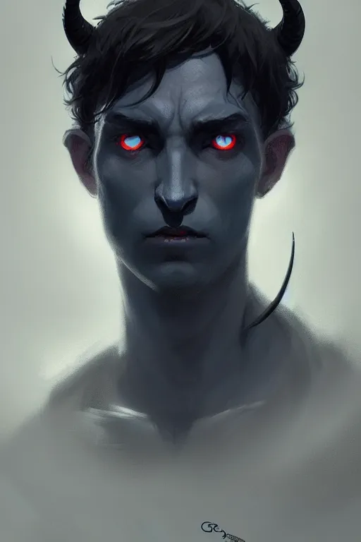 Image similar to character design portrait of a sad dark blue tiefling boy with horns and dark hair and pitch black hollow eyes, soft rounded face, black eyes black eyes by Greg Rutkowski, concept art, sharp focus, illustration, intricate, highly detailed