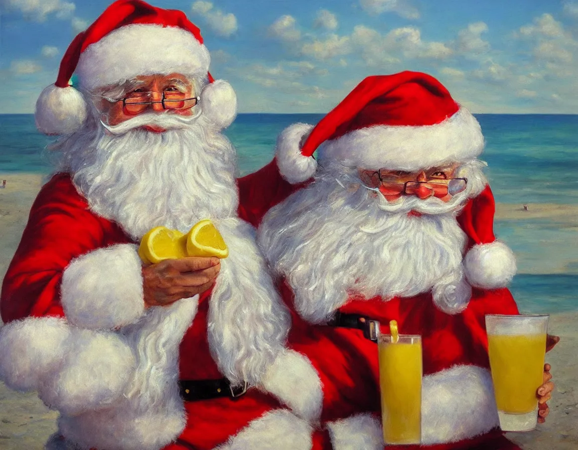 Prompt: hyper realistic oil painting of santa claus sunbathing on the beach sipping lemon juice from glass, hd, hdr, by stanisław wyspianski, ultra detailed, high resolution