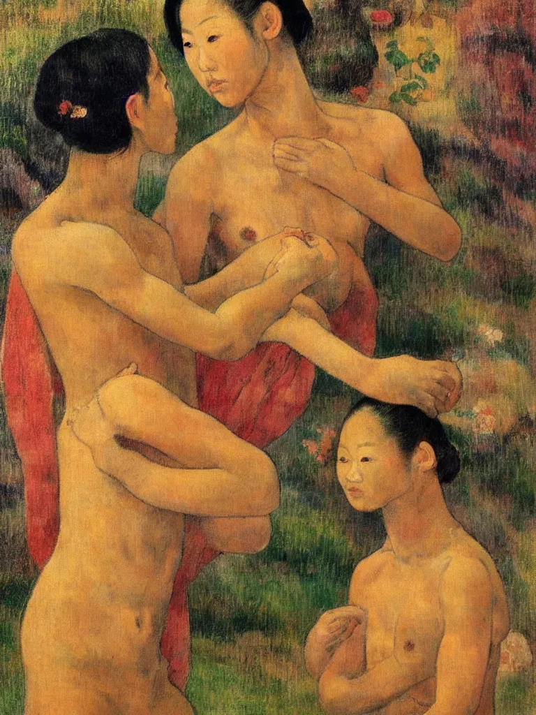 Prompt: “High quality realistic photo of two beautiful Chinese concubines with very skinny, muscular physiques, wet hair and skin, defined muscles, beautiful poses and drapery, classical aesthetic, colour palette in the style of Paul Gauguin, beautiful lighting in the style of Bill Henson, Kodak Ektar, beautiful realistic faces”