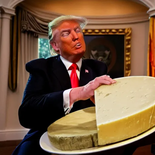 Prompt: donald trump eating a large wheel of cheese,