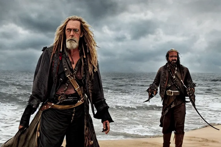 Prompt: promotional image of hugh laurie as a gritty pirate captain in the new Pirate of the Carribean movie, dark stormy weather, detailed face, movie still frame, promotional image, imax 70 mm footage