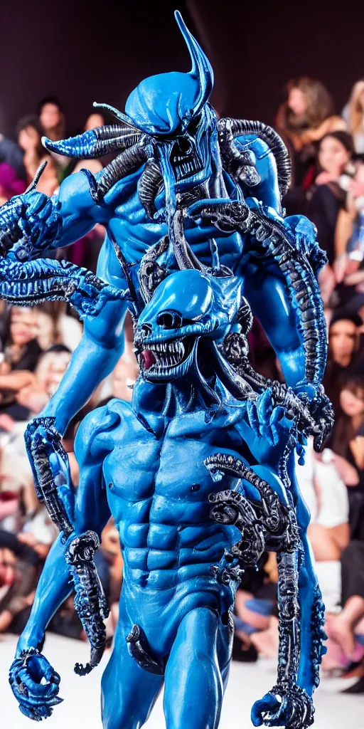 Image similar to blue demon with xenomorph intricated jewelry figure plastic in a runway fashion show, realistic photography paparazzi