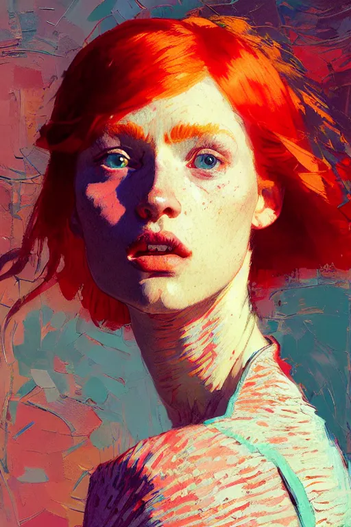 Image similar to portrait of a beautiful redhead girl, complementary colors, beautiful face, rule of thirds, intricate outfit, spotlight, by greg rutkowski, by jeremy mann, by francoise nielly, by van gogh, digital painting