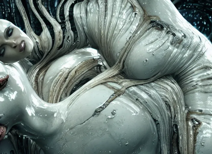 Prompt: film still of kim kardashian being held tightly by an xenomorph slathered in a transparent alien liquid, wet flowing hair, gooey skin, illustration, unreal engine 5, 8 k, directed by h. r. giger.