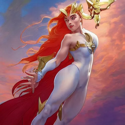 Image similar to Ariel as She-Ra in the Master of Universe, highly detailed, digital painting, artstation, concept art, smooth, sharp focus, illustration, ArtStation, art by artgerm and greg rutkowski and alphonse mucha and J. C. Leyendecker and Edmund Blair Leighton and Katsuhiro Otomo and Geof Darrow and Phil hale and Ashley wood and Ilya repin and Charlie Bowater