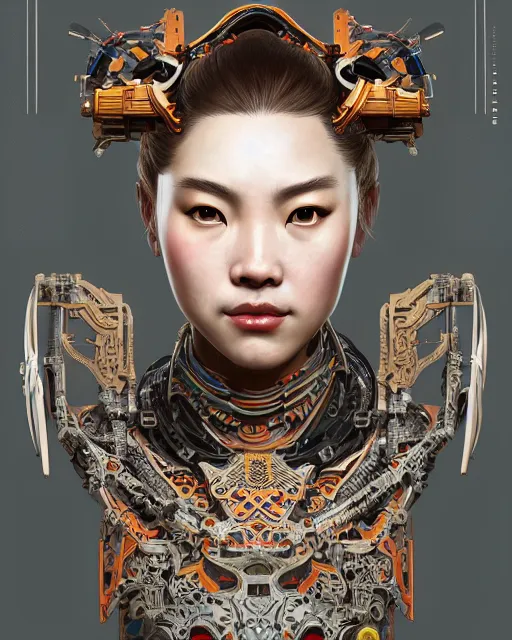 Prompt: portrait of a machine from horizon zero dawn, machine face, upper body, decorated with opera motifs, asian, traditional chinese art, intricate, elegant, highly detailed, digital painting, artstation, concept art, smooth, sharp focus, illustration, art by artgerm and greg rutkowski and alphonse mucha, 8 k