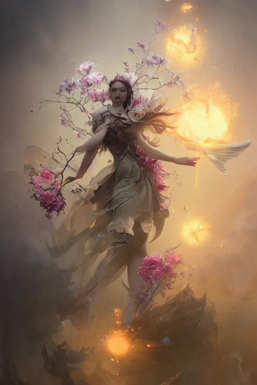 Image similar to beautiful girl necromancer exploding into flowers, angels, 3 d render, hyper - realistic detailed portrait, holding electricity, ruan jia, wlop. scifi, fantasy, hyper detailed, octane render, concept art, peter mohrbacher