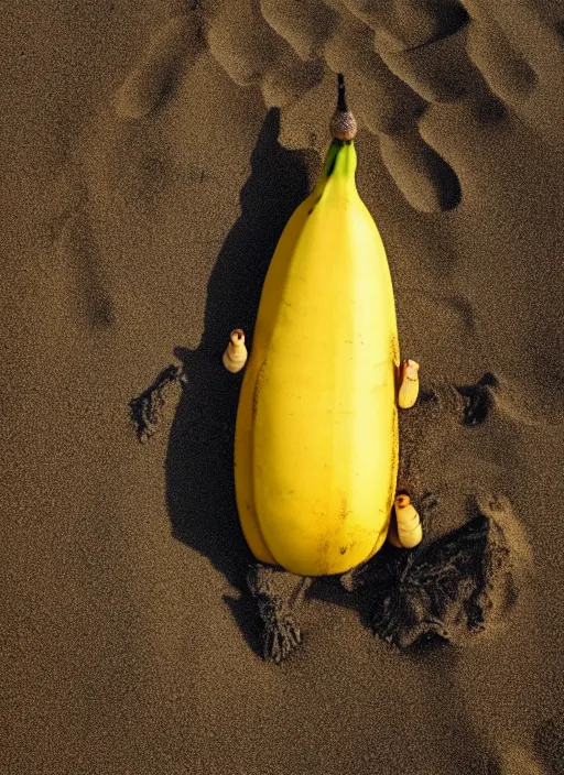 Prompt: godzilla as a banana on the sand of a beach