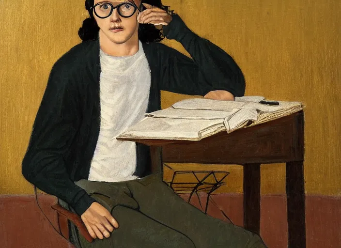 Prompt: painting of a shaggy black haired teenager!!! with glasses sitting on a chair, clothed with an olive colored sweater and a black jean, with a laptop on his lap, full body, renaissance!!! painting!!!, ultra detailed, masterpiece, framed, museum photo