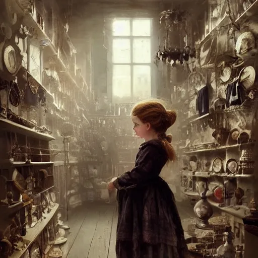 Image similar to human child standing in a victorian doll maker's shop looking at all of the dolls, high detail, digital art, painted by greg rutkowski, painted by seb mckinnon, trending on artstation