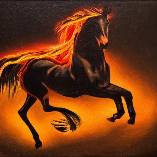 Image similar to an oil pianting of a horse running with fire all around it