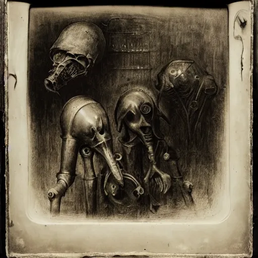 Image similar to wet plate photo, plague doctors in the mist with weird rube goldberg machines, minimalist, joel peter witkin, heironymus bosch, gustave dore, beksinski, giger'