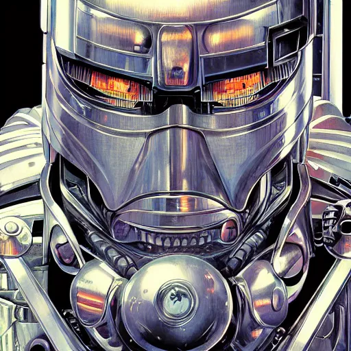 Prompt: portrait closeup of crazy robocop, symmetrical, cinematic colors, by yoichi hatakenaka, masamune shirow, josan gonzales and dan mumford, ayami kojima, takato yamamoto, barclay shaw, karol bak, yukito kishiro