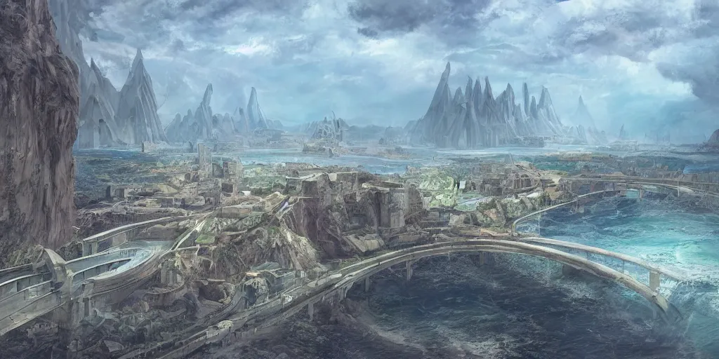 Image similar to illustration, concept illustration, a single giant ancient city on a single bridge, giant continent bridge build over the ocean in a straight line that developed into a grand city, fading into the distance