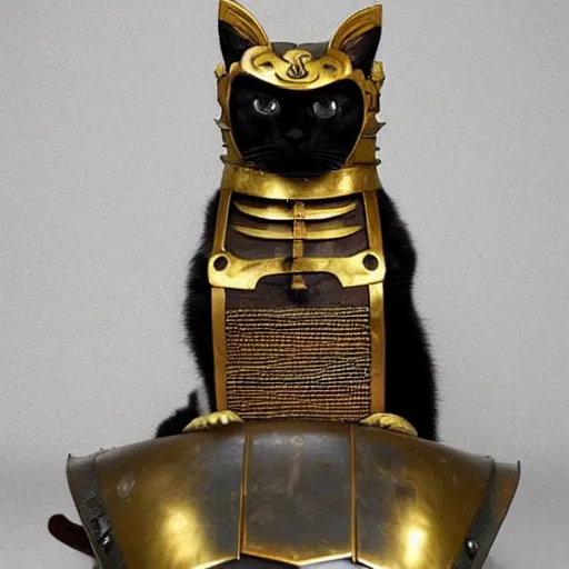 Image similar to a cat wearing realistic complete samurai armor, golden armaments,