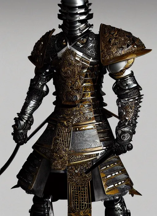 Image similar to hyper realistic glorious ancient samurai in a obsidian metal armor, futuristic design, designed by makoto kobayashi and luca zampriolo, portrait, cyberpunk style, wood and gold details, intricate, extremely detailed, ornate, deep of field, hard surface, exoskeleton, substance designer metal unreal engine. amazing likeness. very detailed.