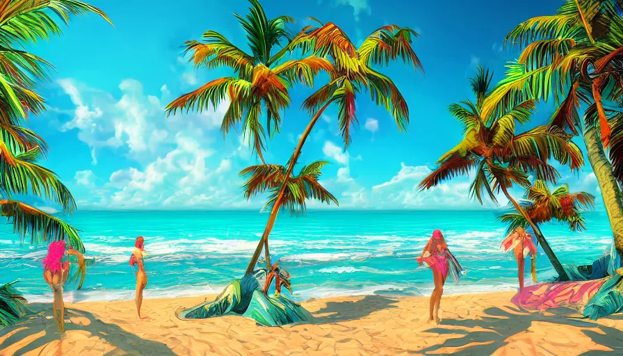 Image similar to a tropical beach, epic retrowave art, trending on art station