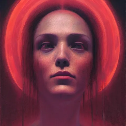 Image similar to Portrait Masterpiece, Wanda Maximoff, red, glowing, wires everywhere, by Edgar Maxence and Ross Tran, Zdzisław Beksiński, and Michael Whelan, distant, gustav dore, H.R. Giger, 8k, octane render