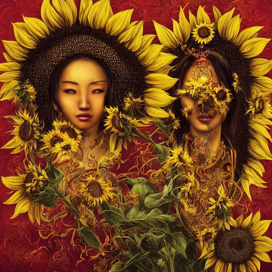 Prompt: Sunflower Chinese goddess-queen and her open third-eye, wearing an helianthus crown and a black brown and yellow dress, colourful, dark-red background, surreal, dramatic lighting, face, detailed, intricate, elegant, highly detailed, digital painting, artstation, concept art, smooth, sharp focus, illustration, art by Sam Spratt, Dan Mumford, Artem Demura and Alphonse Mucha