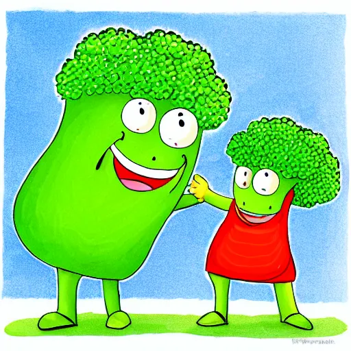 Image similar to dancing broccoli, he is very happy, smiling, children illustration, 2D