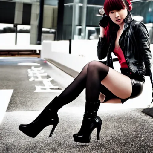 Image similar to a dynamic, epic cinematic 8K HD movie shot of a japanese young J-Pop idol girl wearing leather jacket, miniskirt, nylon tights and high heels boots. Motion, VFX, Inspirational arthouse