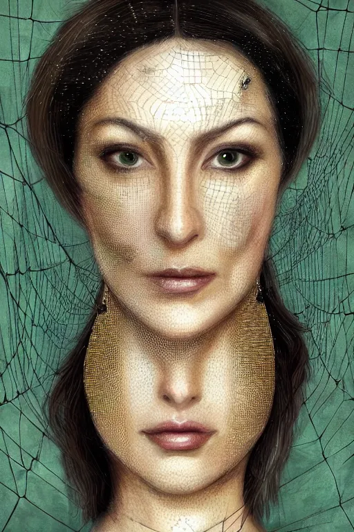 Image similar to portrait, headshot, digital painting, of a 17th century, beautiful, middle aged, middle eastern, wrinkles, decadent, cyborg noble woman, dark hair, piercings, spiderweb of network cables for hair, amber jewels, baroque, ornate dark green opulent clothing, scifi, futuristic, realistic, hyperdetailed, concept art, chiaroscuro, rimlight, art by syd mead