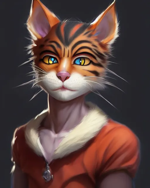 Image similar to character concept art of a young male anthropomorphic furry cat | | cute - fine - face, pretty face, key visual, realistic shaded perfect face, fine details by stanley artgerm lau, wlop, rossdraws, james jean, andrei riabovitchev, marc simonetti, and sakimichan, trending on artstation