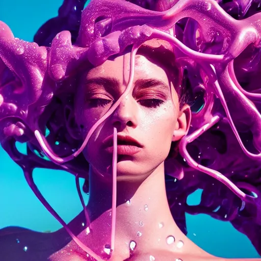Prompt: flume and former cover art future bassgirl unwrapped statue bust curls of hair petite lush body photography model water droplets on skin futuristic rock material style of Jonathan Zawada and Thisset colours